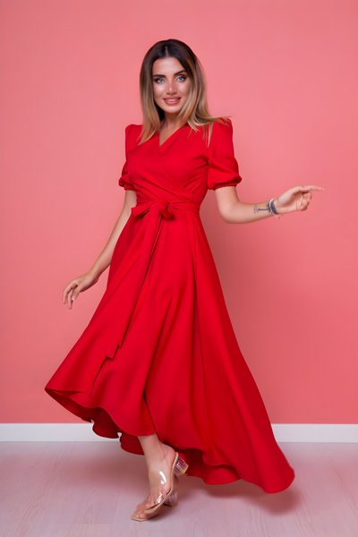 Asymmetrical High-Low Cut Crossover Neck Evening Dress - Red