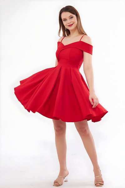 Mini A-Line Pleated Strappy Boat Neck Evening Dress - Red