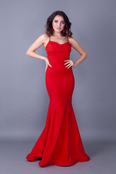 Kırmızı Uzun Balık Model Sırtı İp Bağlamalı Abiye Elbise