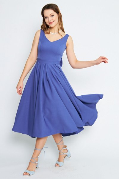 Kot Mavi Midi Boy Kloş V Yaka Pileli Sırtı Fiyonklu Elbise