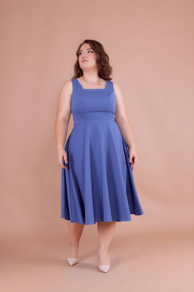 Plus Size Denim Midi Square Neck Dress - Blue