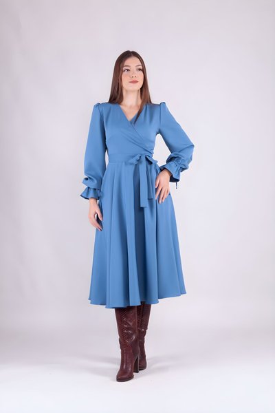 Midi Denim Long Sleeve Wrap Dress - Blue