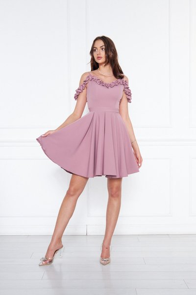 Koyu Gül Mini Kloş Pileli Ayarlanabilir Askılı Fırfır Detay Abiye Elbise