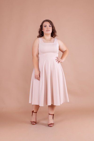 Krem Büyük Beden Midi Kare Yaka Elbise