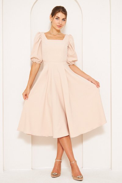 Midi Balloon Sleeve Square Neck Dress - Cream