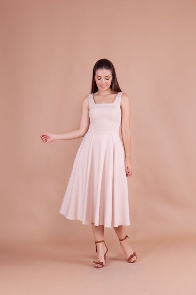 Krem Midi Kare Yaka Elbise