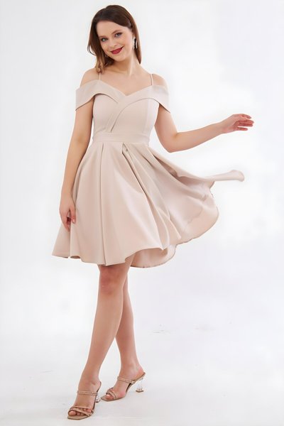 Mini Flared Pleated Strappy Boat Neck Evening Dress - Cream