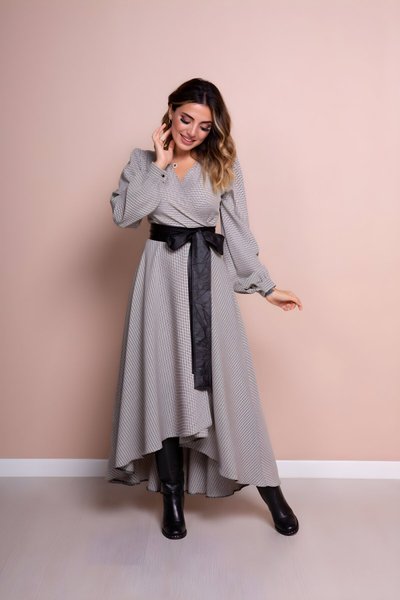 Asymmetric Cut Plaid Long-Sleeve Leather-Belted Dress - Cream/Black