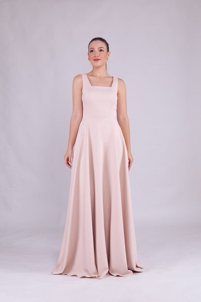 Krem Uzun Kare Yaka Abiye Elbise