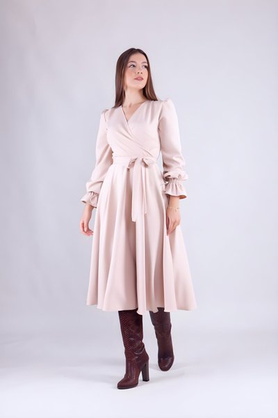 Midi Long-Sleeve Wrap-Neck Dress - Cream