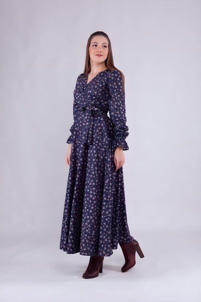 Long-Sleeve Floral Velvet Wrap Dress - Navy
