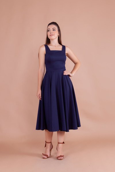 Midi Square Neck Dress - Navy Blue