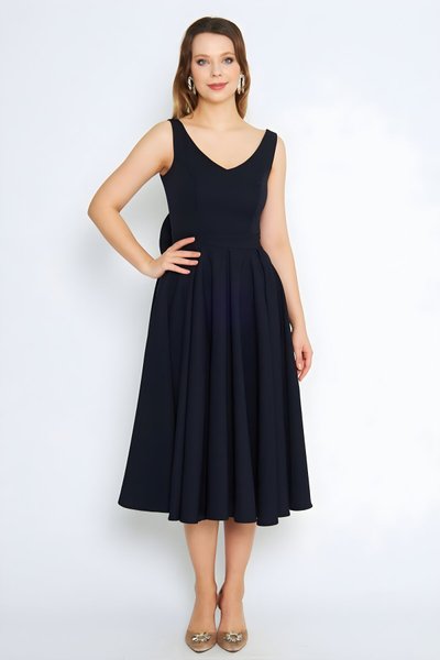 Midi Flared Pleated V-Neck Bow Back Evening Dress - Navy Blue