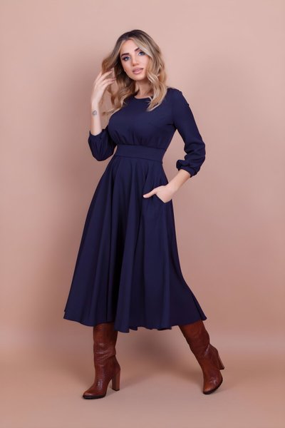 Midi Round-Neck Pocket-Detail Dress - Navy Blue