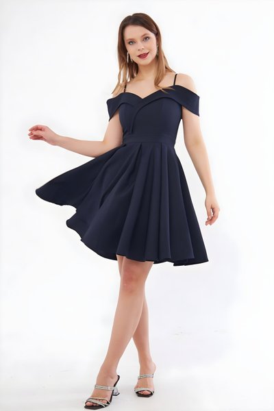 Mini Flared Pleated Strappy Evening Dress - Navy Blue