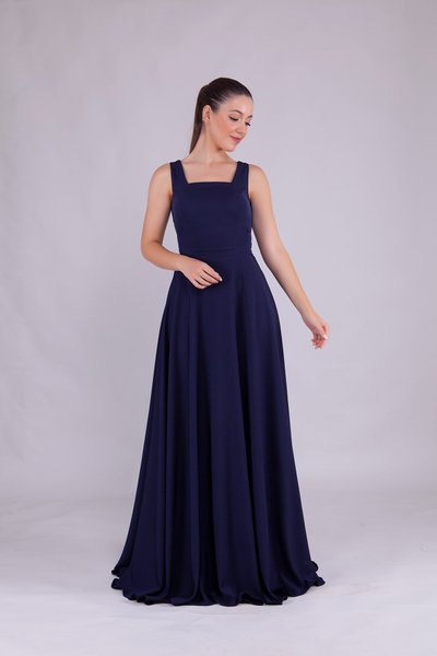 Lacivert Uzun Kare Yaka Abiye Elbise