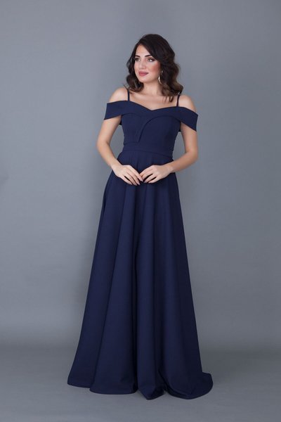 Lacivert Uzun Kloş Askılı Düşük Omuz Detay Nişan Abiye Elbise