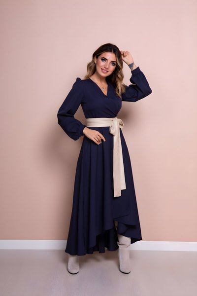 Long Sleeve Asymmetric Hem Leather Belted Dress - Navy Blue