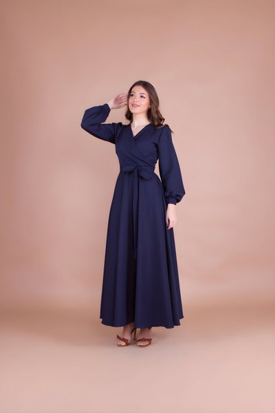 Long Wrap-Neck Belted Dress - Navy Blue
