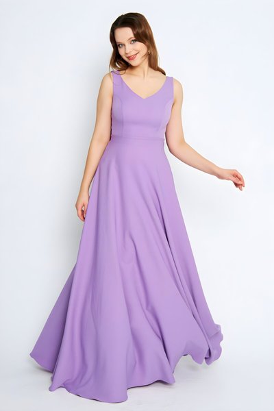 Long Flared V-Neck Back Bow Evening Dress - Lilac
