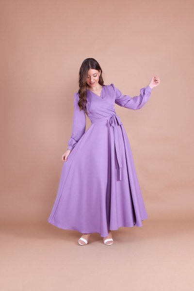 Long Belted Wrap-Neck Dress - Lilac
