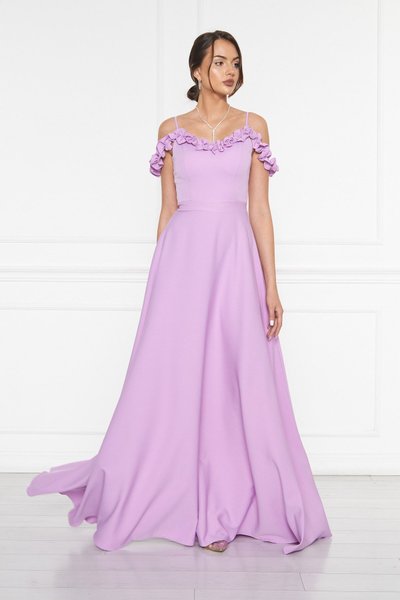 فستان سهرة طويل كلوش ليلاك بكشكشة وحمالات قابلة للتعديل