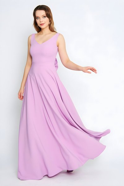 Long Flared V-Neck Back Bow-Detail Evening Dress - Lilac