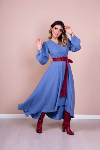 Asymmetric Cut Long Sleeve Leather Belted Dress - Blue & Burgundy