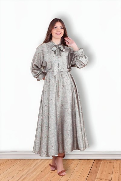 Batwing Sleeve Floral Patterned Satin Modest Evening Dress - Mint Green