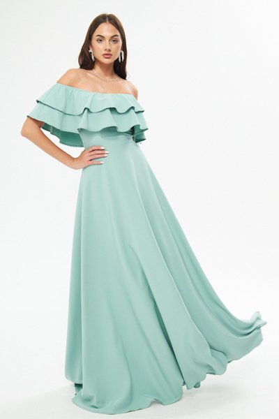 Mint Yeşili Uzun Kloş Düşük Omuz Çift Kat Fırfır Detay Abiye Elbise