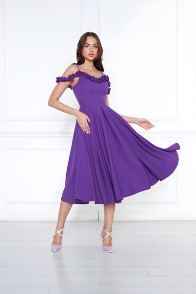 Mor Midi Kloş Pileli Ayarlanabilir Askılı Fırfır Detay Abiye Elbise