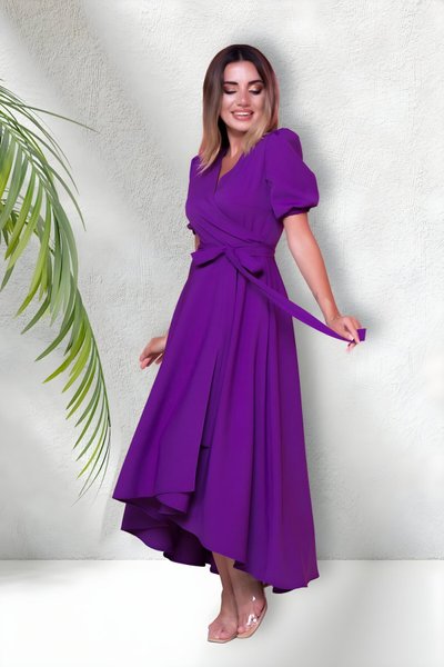 Long Asymmetric Short-Sleeve Crossover-Neck Evening Dress - Purple