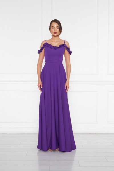 Long Flared Ruffle Detail Evening Dress - Purple
