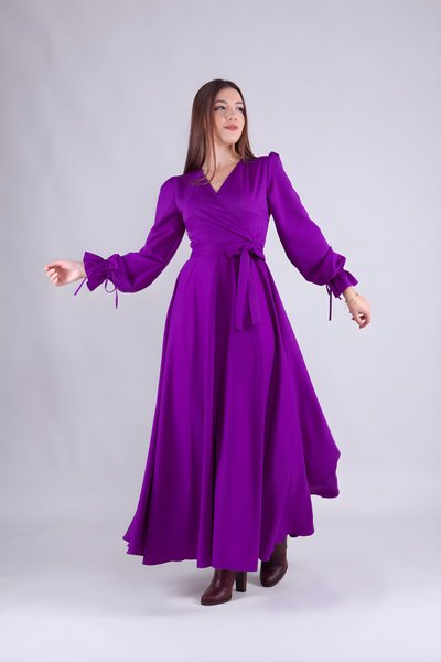 Long Sleeve Wrap Neck Dress - Purple