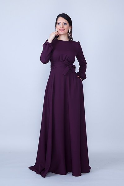 Mürdüm Maksi Uzun Kol Yuvarlak Yaka Beli Büzgülü Kuşaklı Tesettür Abiye Elbise
