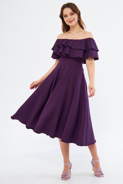 Mürdüm Midi Dökümlü Düşük Omuz Fırfır Yaka Elbise
