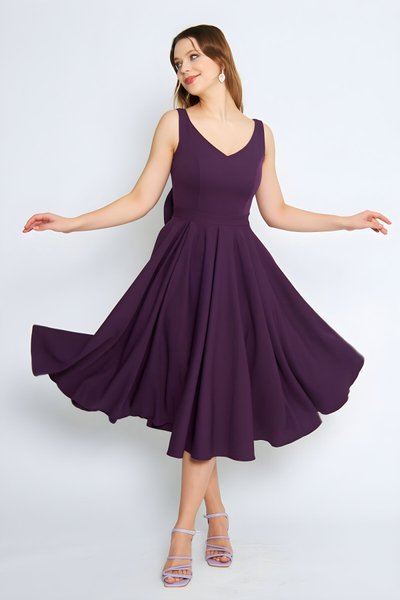 Midi Flared Pleated V-Neck Evening Dress with Back Bow Detail - Plum