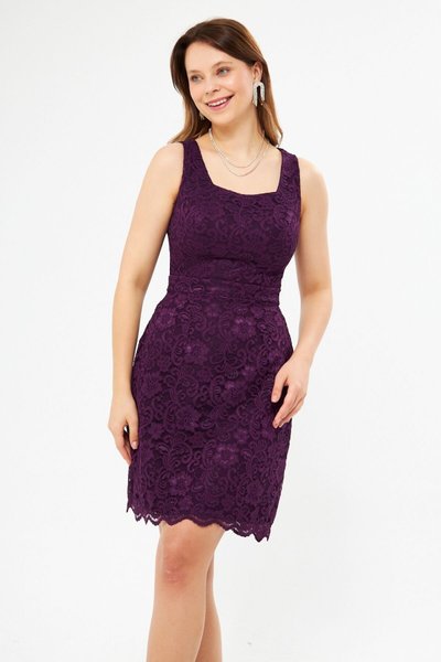 Mürdüm Mini Kare Yaka Geniş Askılı Fransız Dantel Abiye Elbise