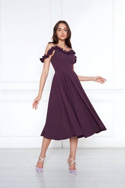 Midi Flared Pleated Ruffle-Detail Evening Dress - Plum
