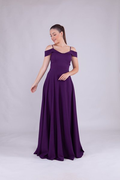 Mürdüm Uzun Askılı Omuz Detay Abiye Elbise