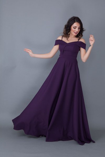 Mürdüm Uzun Kloş Askılı Düşük Omuz Nişan Abiye Elbise