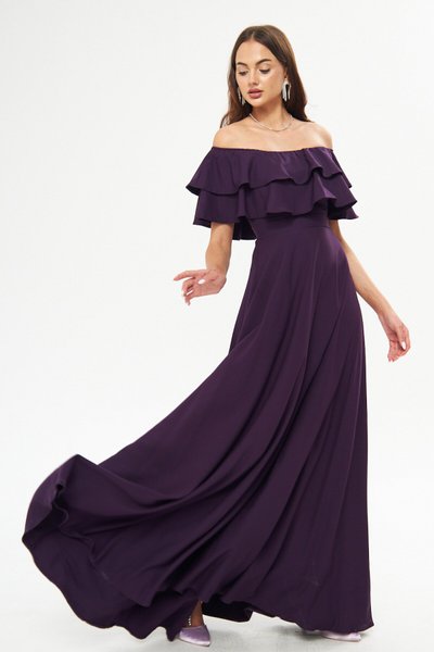 Mürdüm Uzun Kloş Düşük Omuz Çift Kat Fırfır Detay Abiye Elbise