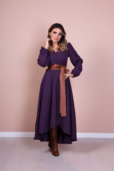 Asymmetric Cut Long Sleeve Belted Dress - Plum