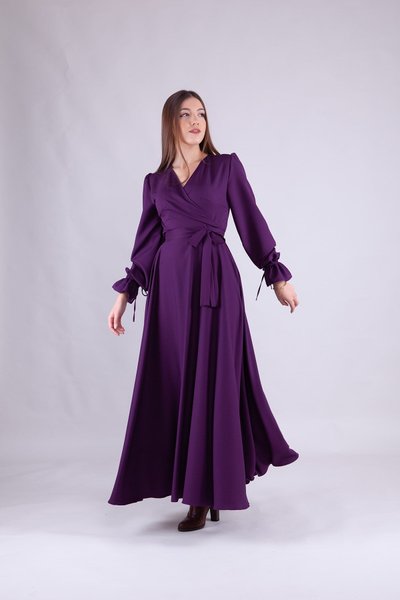 Long Sleeve Wrap Neck Dress - Plum