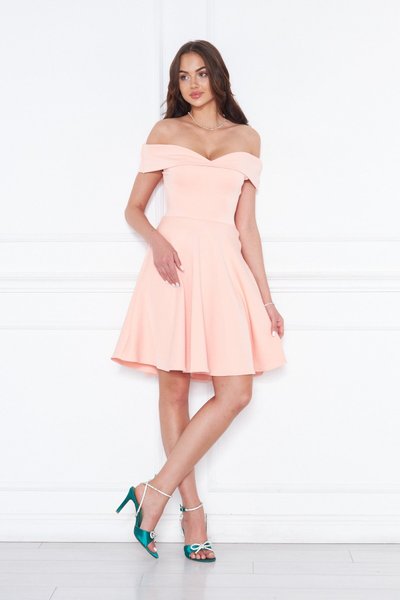Pudra Mini Kloş Kalp Yaka Düşük Omuz Scuba Abiye Elbise