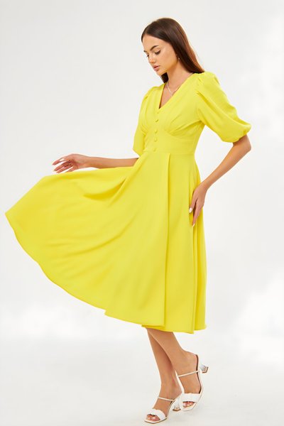 Midi Balloon Sleeve V-Neck Corsage Belt Detail Evening Dress - Yellow