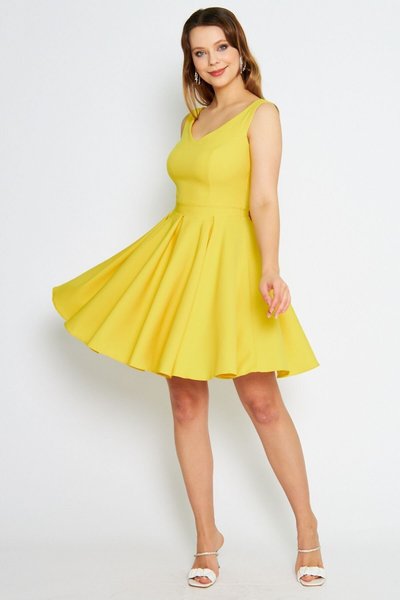 Sarı Mini Kloş V Yaka Fiyonklu Pileli Elbise