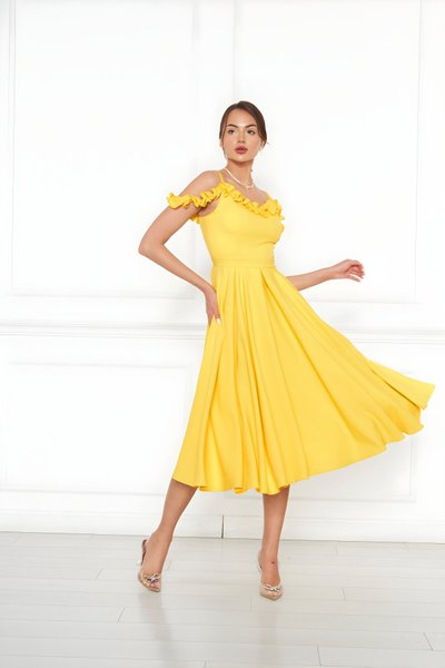 Midi Flared Pleated Ruffle Adjustable Strap Evening Dress - Yellow