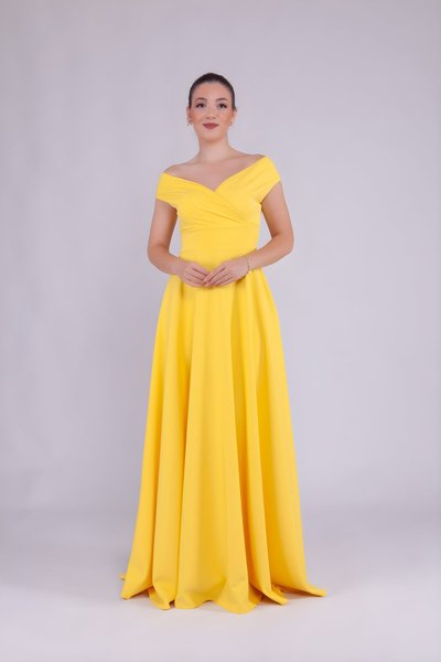 Long Boat-Neck Evening Dress - Yellow