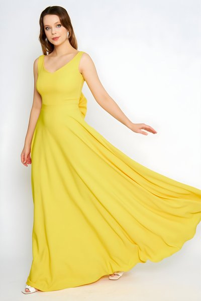 Long Flared V-Neck Back Bow Detail Decorative Button Evening Dress - Yellow